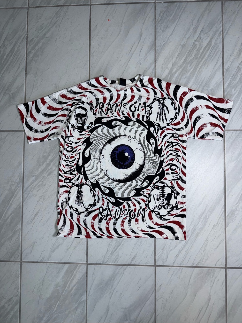 Ransom White Tee with Red & Black Swirl Graphic